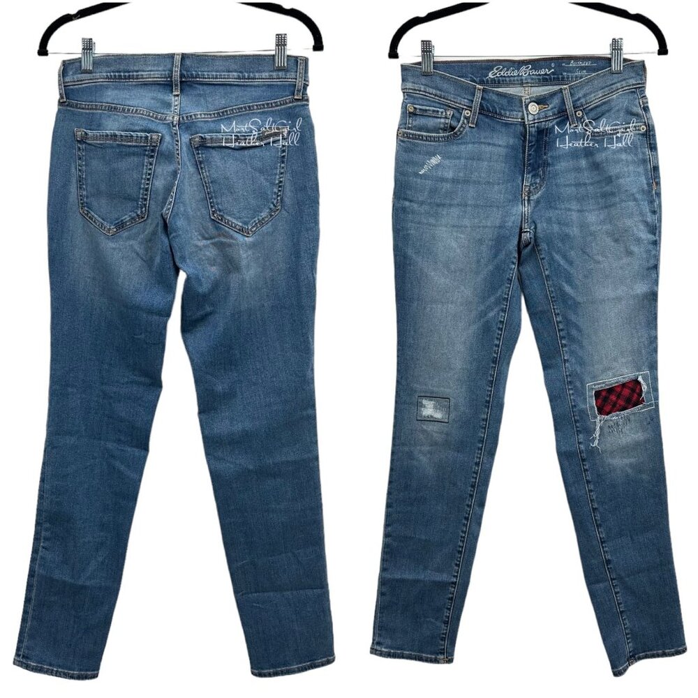 Eddie Bauer Slim Boyfriend Buffalo Plaid Knee Patch Lightly Distressed Jeans